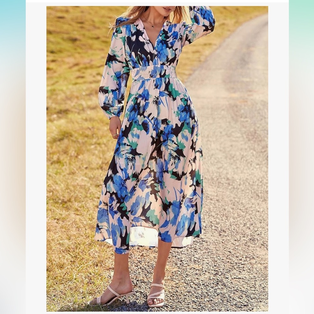 PrettyGarden Floral Blue cream Black watercolor vneck long sleeve XL Maxi Dress